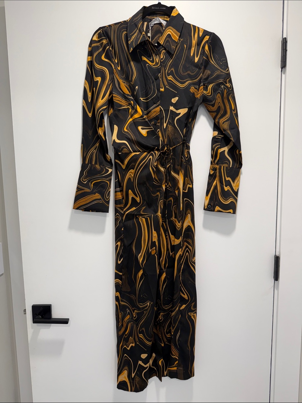 Mango Black and Gold Retro Marble Pattern Long Sleeve Shirt Dress